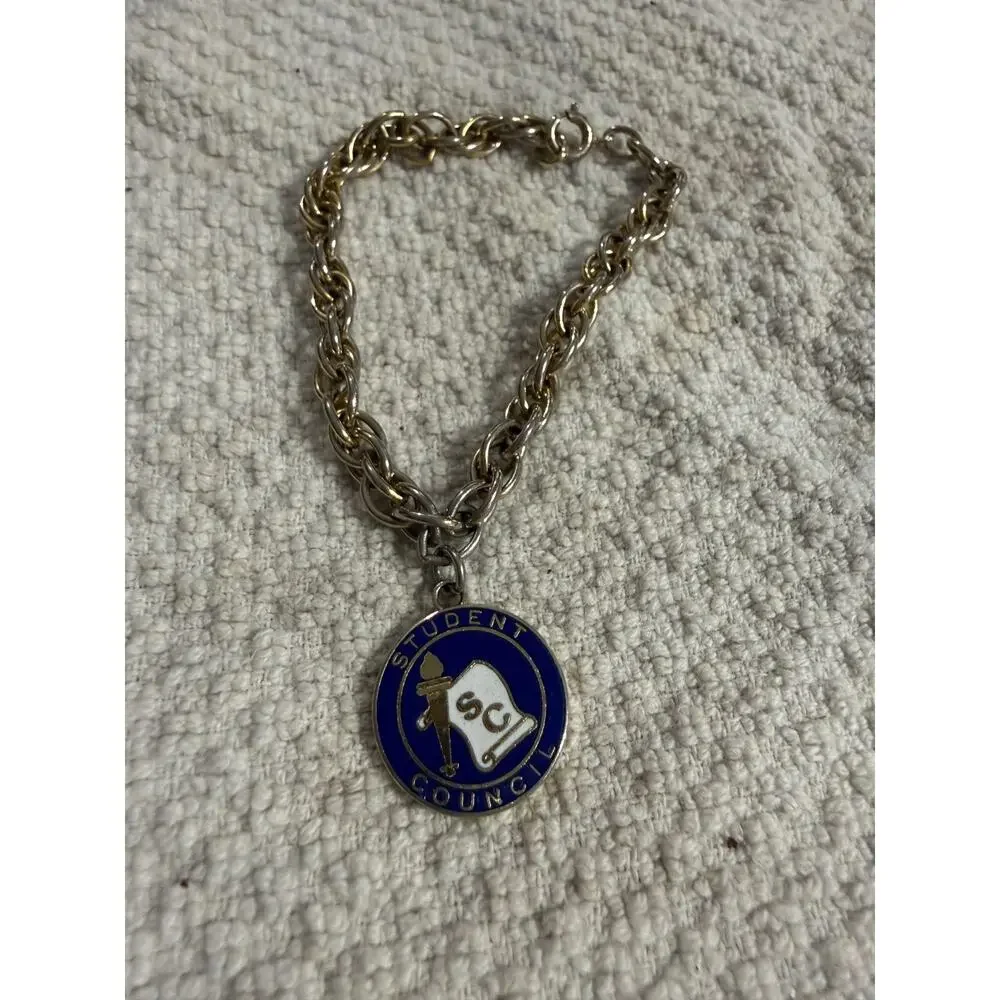 Vintage Gold Tone Student Council Charm Bracelet Blue Enamel Medal 7”